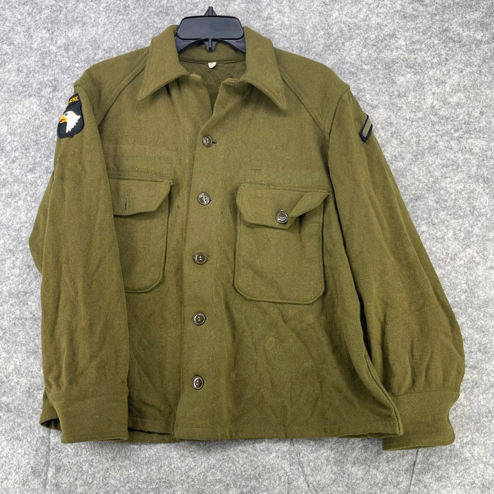 US Army WWII Field Wool Shirt Mens Medium OG Green 101st Airborne Patch Distress